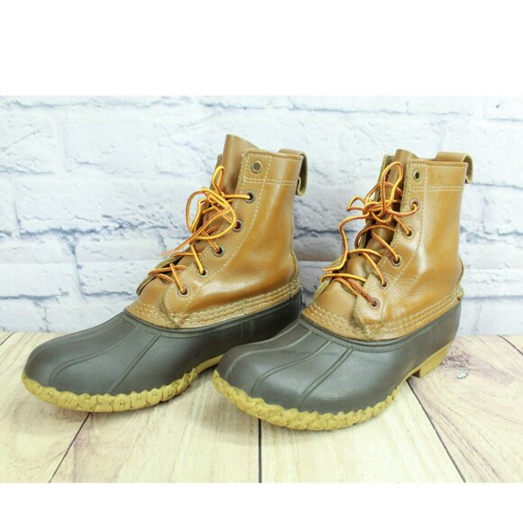LL Bean Brown Leather Lace Up Round Toe Unlined Ankle Duck Boots Size 7 M - Picture 2 of 10